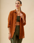 Camisa Puro Linho Stone Wash Brown Manga Longa MAXIME