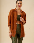 Camisa Puro Linho Stone Wash Brown Manga Longa MAXIME